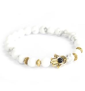 Hamsa de oro / piedra blanca - pulsera de piedras preciosas