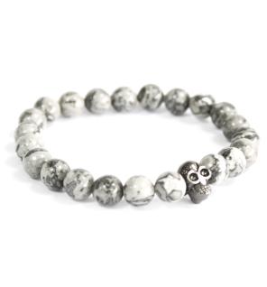 Calavera de peltre / ágata gris - Pulsera de piedras preciosas