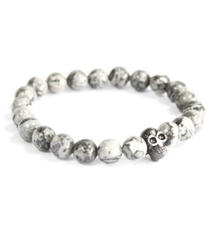 Calavera de peltre / ágata gris - Pulsera de piedras preciosas