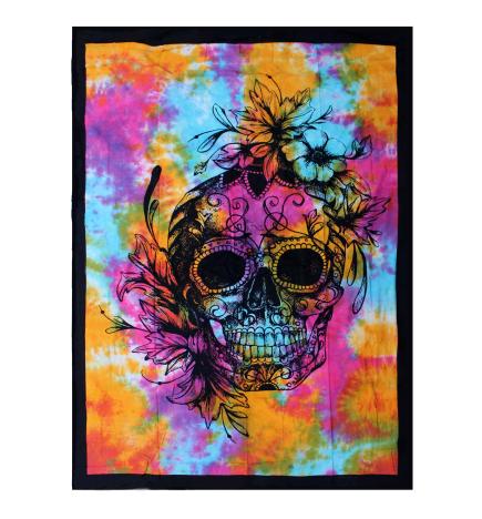 Colcha Individual de Algodón + Tapiz de Pared - Calavera Día de Muertos