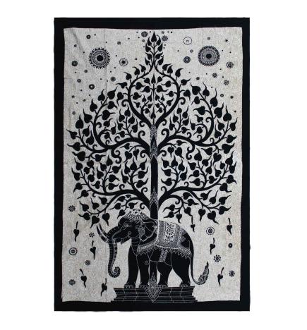 Colcha Individual de Algodón + Tapiz de Pared - Mono - Árbol Elefante