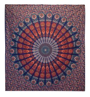 Colcha Doble de Algodón + Colgante de Pared - Pavo Real Mandala - Azul