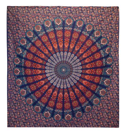 Colcha Doble de Algodón + Colgante de Pared - Pavo Real Mandala - Azul