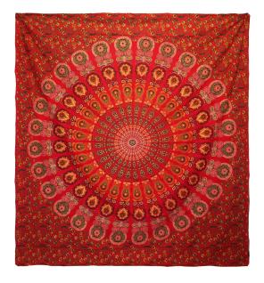 Colcha Doble de Algodón + Colgante de Pared - Pavo Real Mandala - Rojo