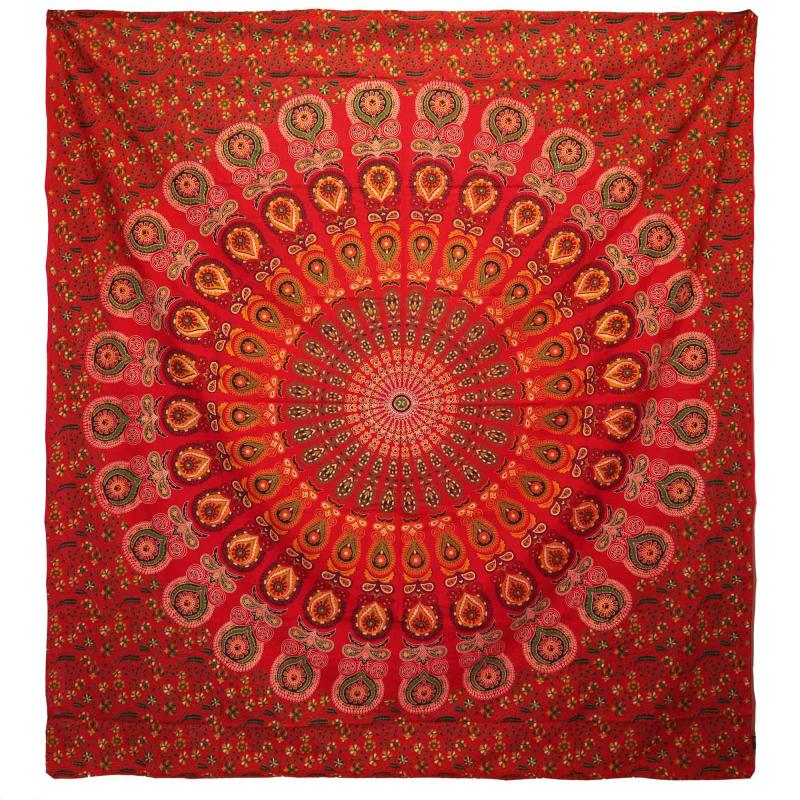 Colcha Doble de Algodón + Colgante de Pared - Pavo Real Mandala - Rojo