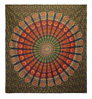Colcha Doble de Algodón + Colgante de Pared - Pavo Real Mandala - Verde
