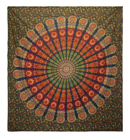 Colcha Doble de Algodón + Colgante de Pared - Pavo Real Mandala - Verde