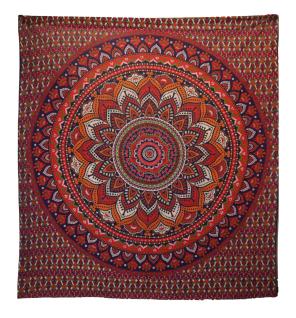 Colcha Doble de Algodón + Colgante de Pared - Mandala Clásico - Naranja / Azul