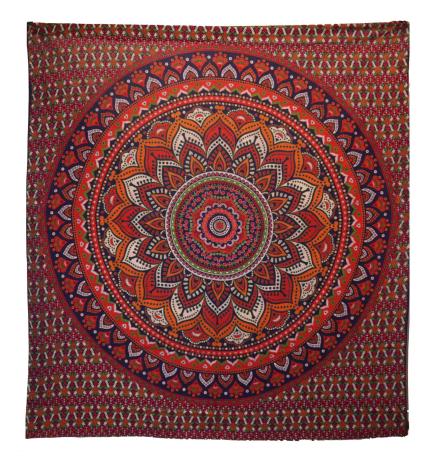 Colcha Doble de Algodón + Colgante de Pared - Mandala Clásico - Naranja / Azul
