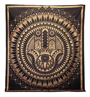 Colcha Doble de Algodón + Colgante de Pared - Hamsa - Negro Oro