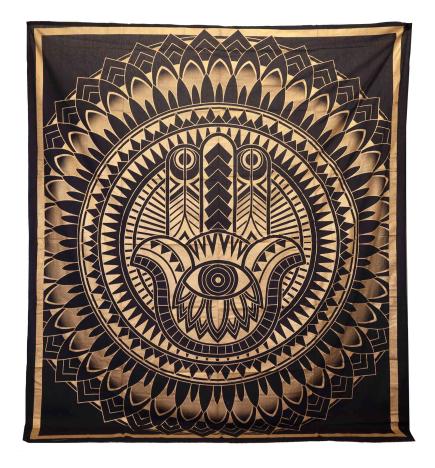 Colcha Doble de Algodón + Colgante de Pared - Hamsa - Negro Oro