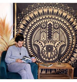 Colcha Doble de Algodón + Colgante de Pared - Hamsa - Negro Oro