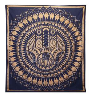 Colcha Doble de Algodón + Colgante de Pared - Hamsa - Azul Dorado
