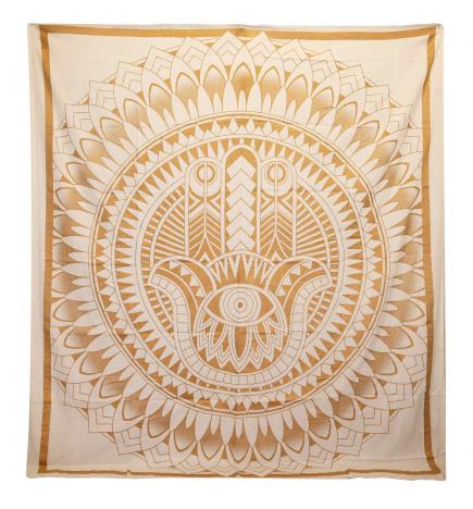 Colcha Doble de Algodón + Colgante de Pared - Hamsa - Oro Blanco