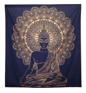 Colcha Doble de Algodón + Colgante de Pared - Buda - Azul Dorado