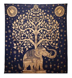 Colcha Doble de Algodón + Colgante de Pared - Elefante y Árbol - Azul Dorado