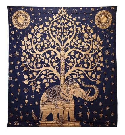Colcha Doble de Algodón + Colgante de Pared - Elefante y Árbol - Azul Dorado