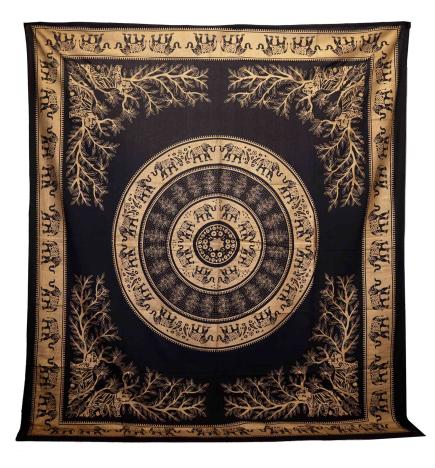 Colcha Doble de Algodón + Colgante de Pared - Elefante Jungla - Negro Oro